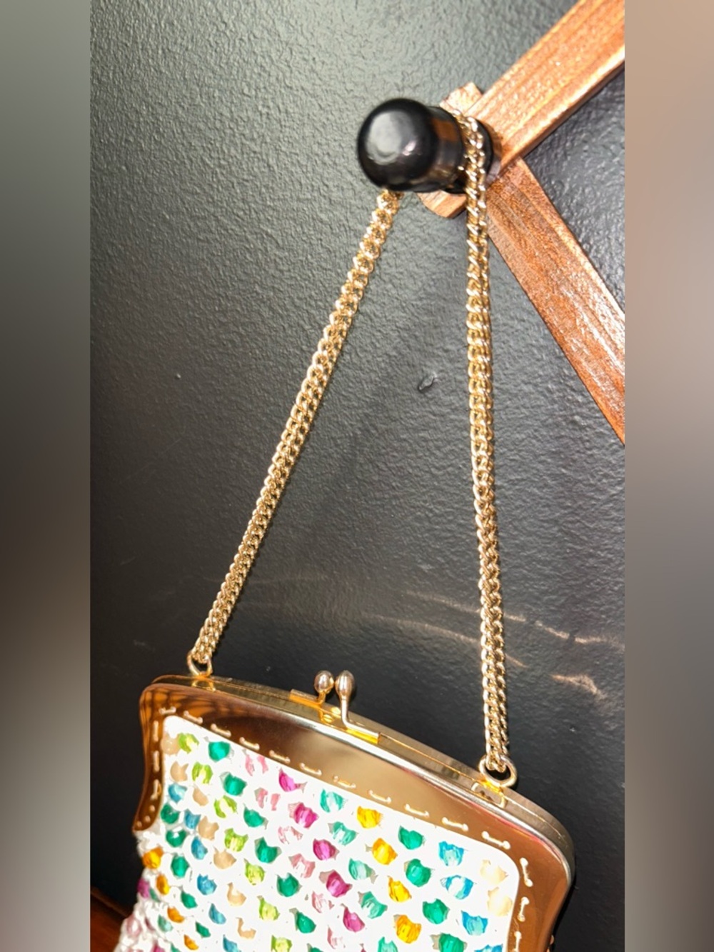 White Crochet Kisslock Mini Bag with Multicolor Bead Accents and Gold Chain - Picture 15 of 15